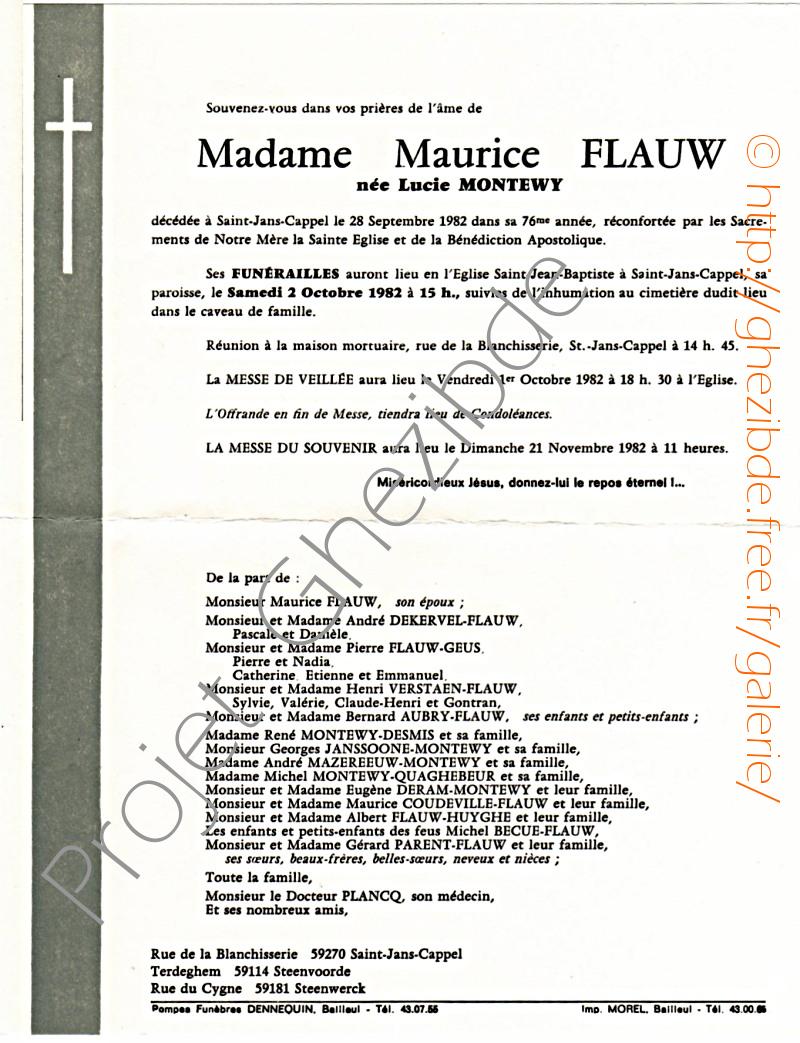 Lucie MONTEWY épouse de Maurice FLAUW, décédée à Saint-Jans-Cappel, le 28 Septembre 1982 (75 ans).